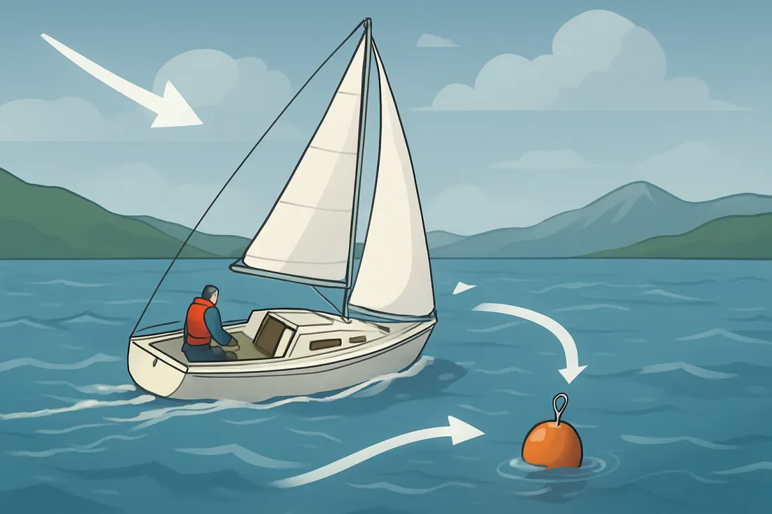 Anlegen an der boje bei wind segelboot: Schaubild der wichtigsten Elemente