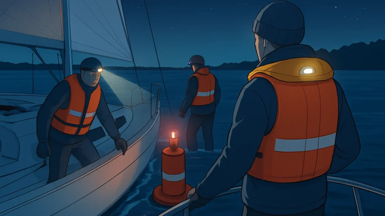 Sicherheitsausrüstung Nachtsegeln Bojenmanöver: Crew sichtbar
